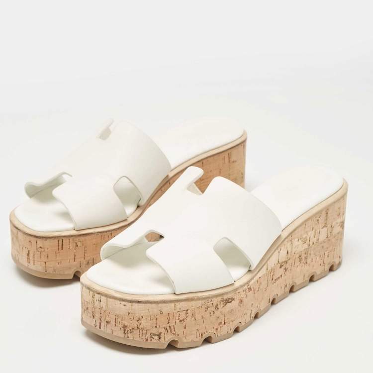 Pre Owned Hermes White Leather Eze Wedge Sandals Size 39