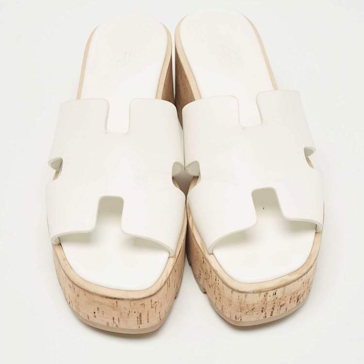 Pre Owned Hermes White Leather Eze Wedge Sandals Size 39