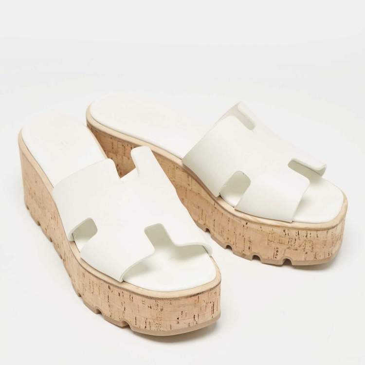 Pre Owned Hermes White Leather Eze Wedge Sandals Size 39