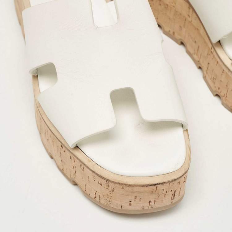 Pre Owned Hermes White Leather Eze Wedge Sandals Size 39