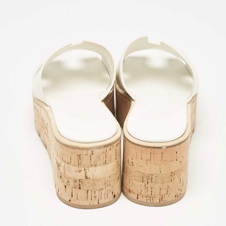 Pre Owned Hermes White Leather Eze Wedge Sandals Size 39