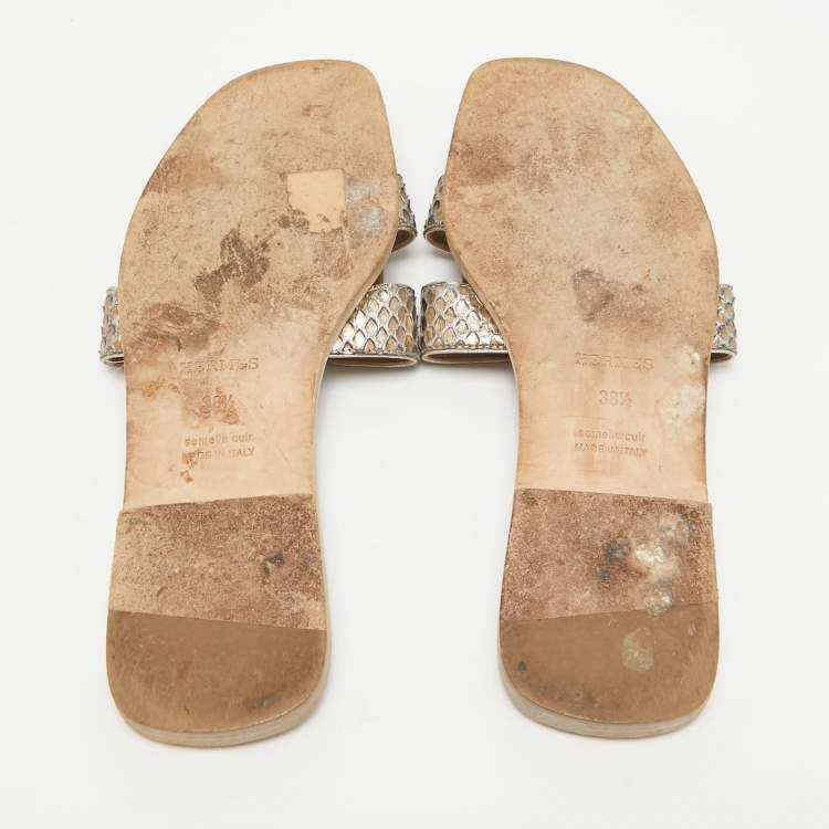 Pre Owned Hermes Metallic Python Oran Flat Slides Size 38.5