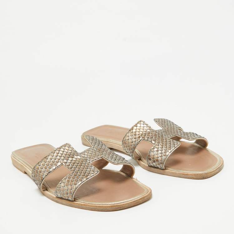 Pre Owned Hermes Metallic Python Oran Flat Slides Size 38.5