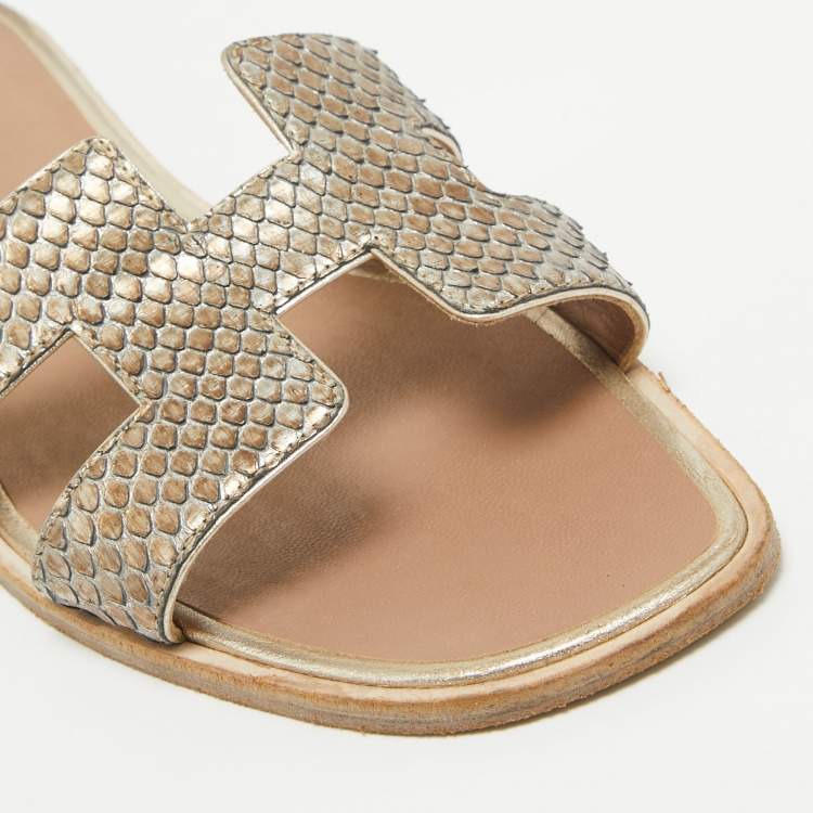 Pre Owned Hermes Metallic Python Oran Flat Slides Size 38.5