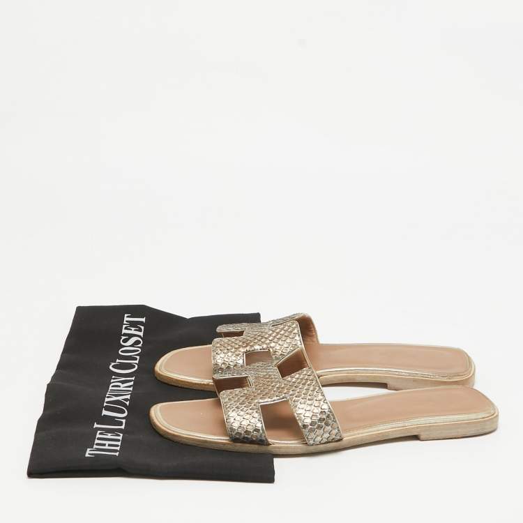Pre Owned Hermes Metallic Python Oran Flat Slides Size 38.5