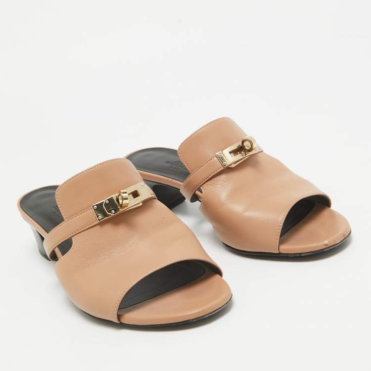 Pre Owned Hermes Tan Leather Candy Slide Sandals Size 38