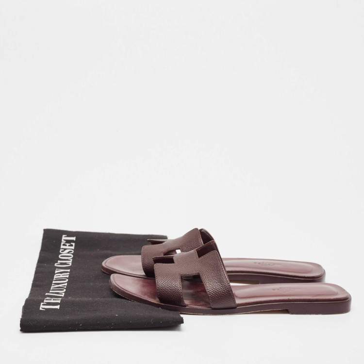 Pre Owned Hermes Burgundy Leather Oran Flat Slides Size 37
