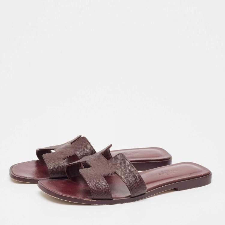 Pre Owned Hermes Burgundy Leather Oran Flat Slides Size 37