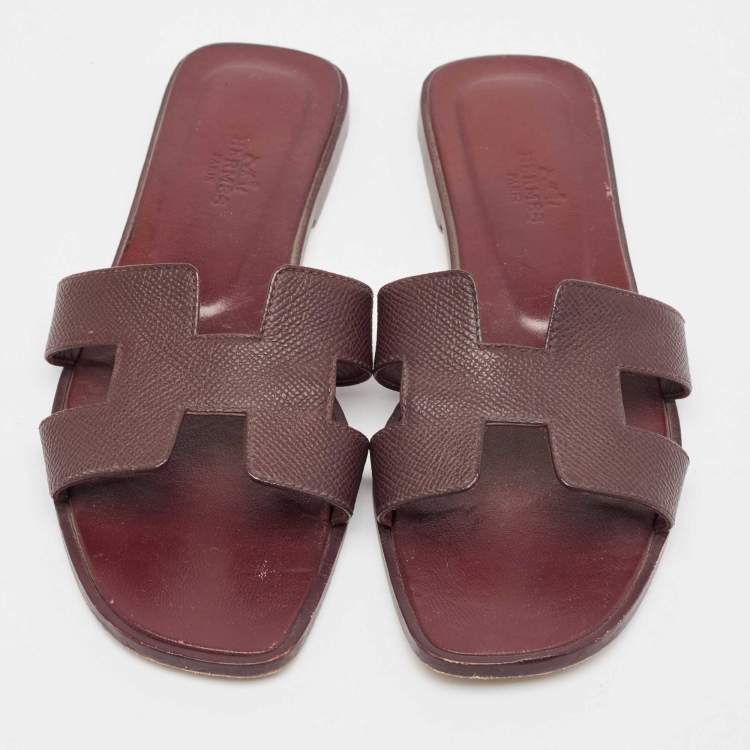 Pre Owned Hermes Burgundy Leather Oran Flat Slides Size 37