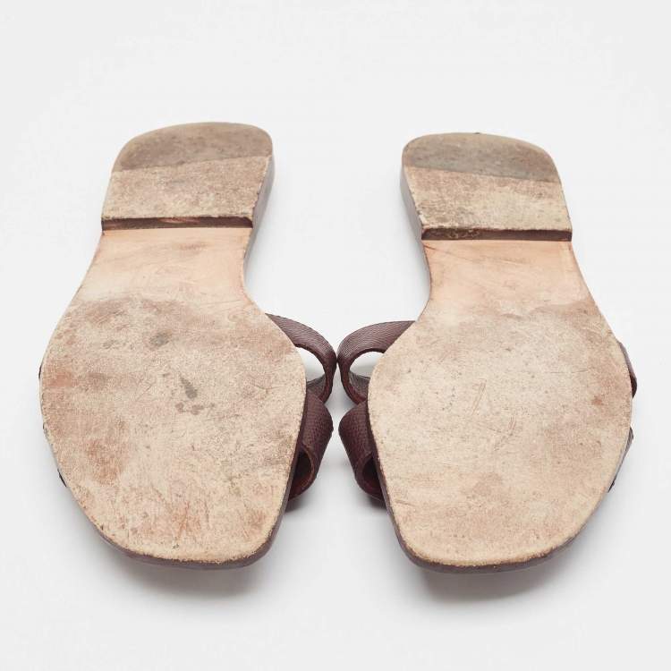 Pre Owned Hermes Burgundy Leather Oran Flat Slides Size 37