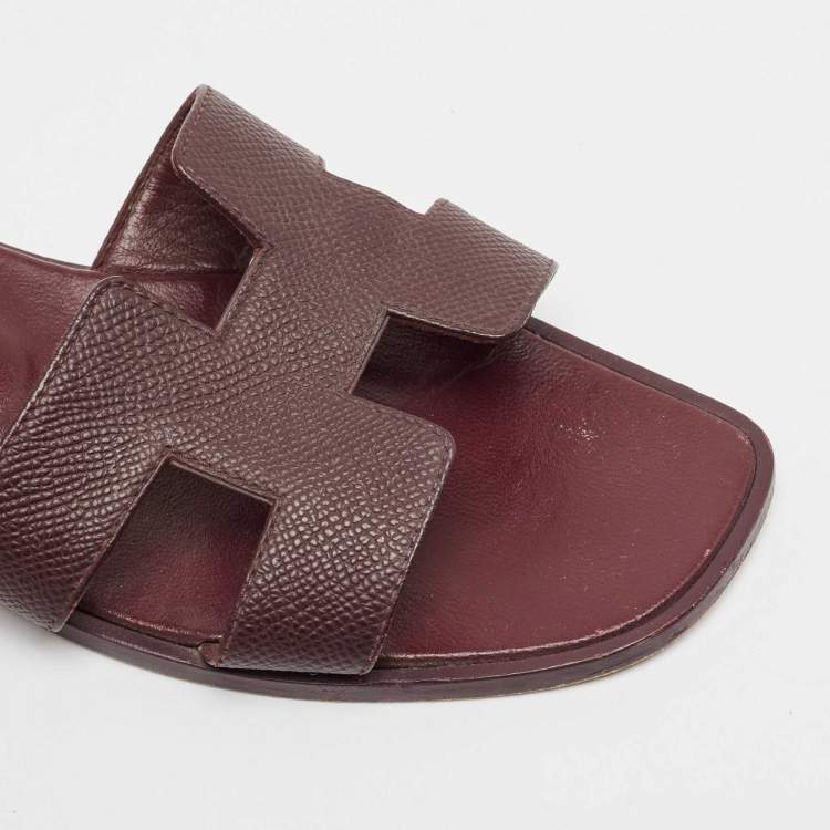 Pre Owned Hermes Burgundy Leather Oran Flat Slides Size 37