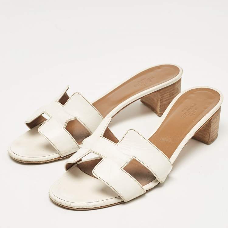 Pre Owned Hermes White Leather Oasis Slide Sandals Size 39