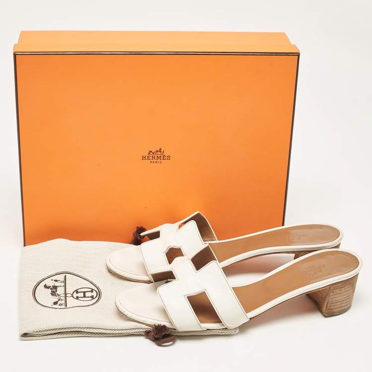 Pre Owned Hermes White Leather Oasis Slide Sandals Size 39