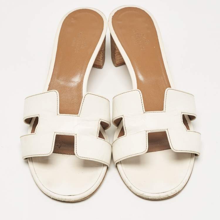 Pre Owned Hermes White Leather Oasis Slide Sandals Size 39
