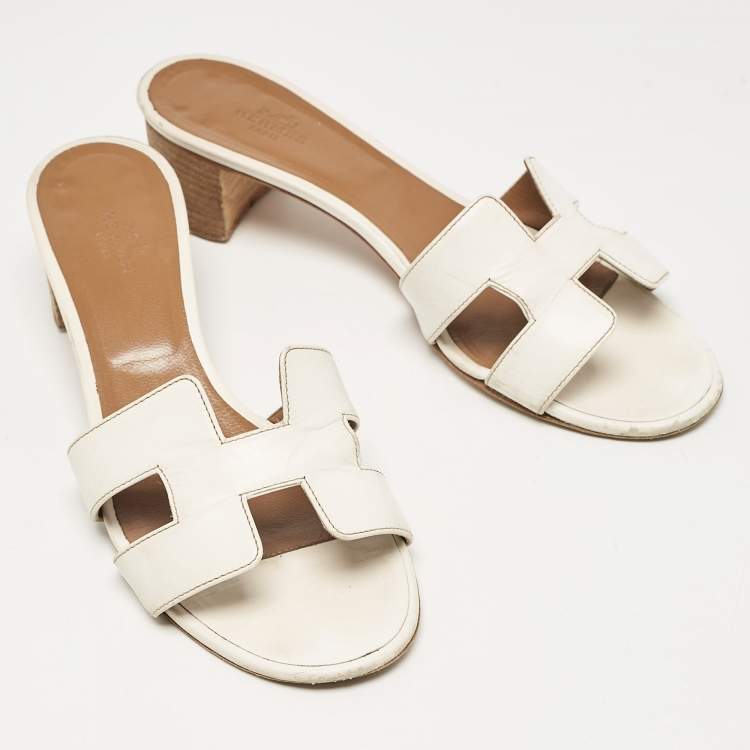 Pre Owned Hermes White Leather Oasis Slide Sandals Size 39