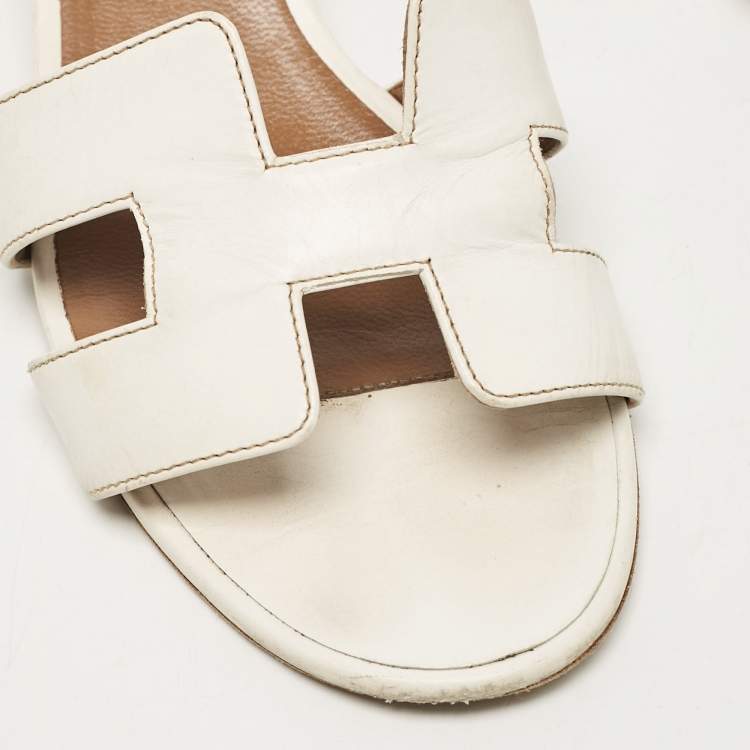 Pre Owned Hermes White Leather Oasis Slide Sandals Size 39