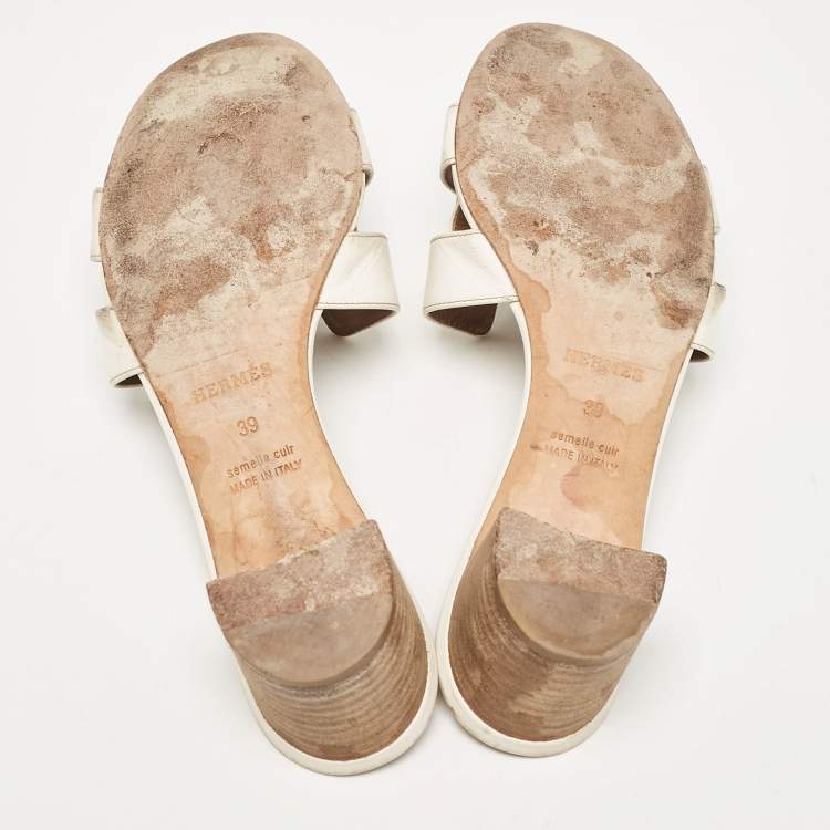 Pre Owned Hermes White Leather Oasis Slide Sandals Size 39