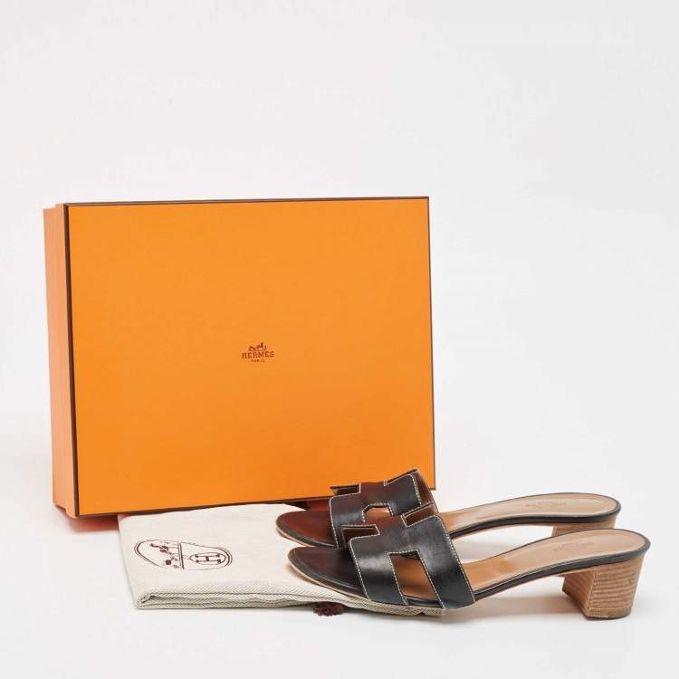 مملوكة مسبقًا Hermes Black Leather Oasis Slide Sandals Size 39