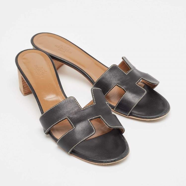 مملوكة مسبقًا Hermes Black Leather Oasis Slide Sandals Size 39