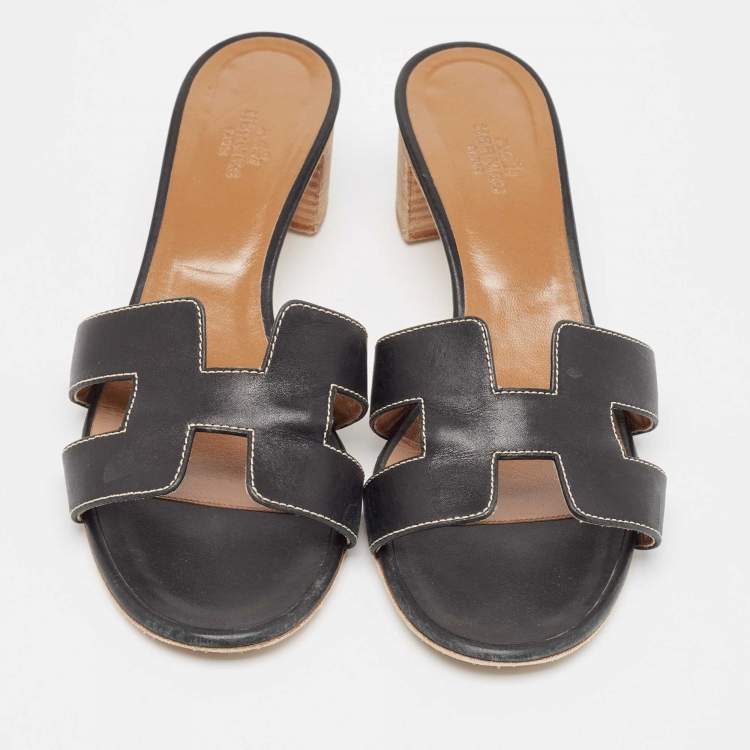مملوكة مسبقًا Hermes Black Leather Oasis Slide Sandals Size 39