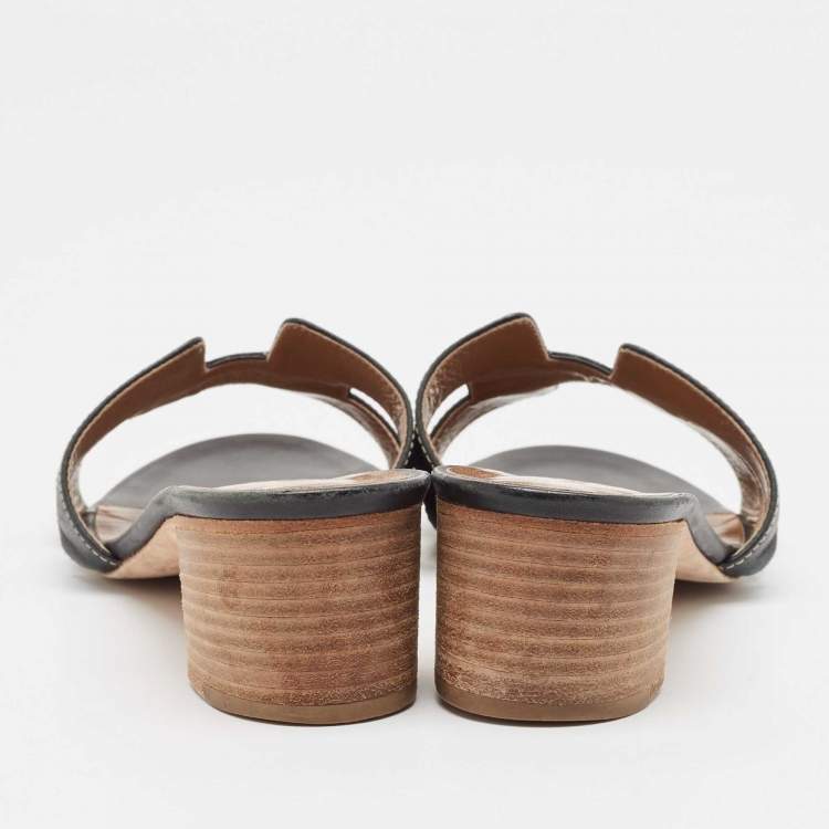 مملوكة مسبقًا Hermes Black Leather Oasis Slide Sandals Size 39
