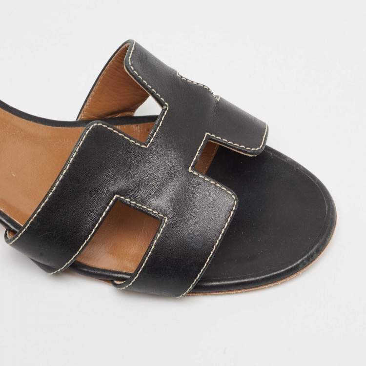 مملوكة مسبقًا Hermes Black Leather Oasis Slide Sandals Size 39