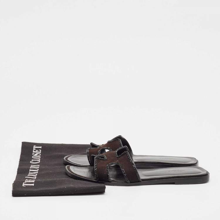 Pre Owned Hermes Black Suede Crystal Embellished Trim Oran Flat Slides Size 38