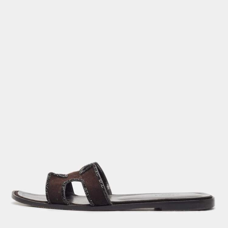 Pre Owned Hermes Black Suede Crystal Embellished Trim Oran Flat Slides Size 38