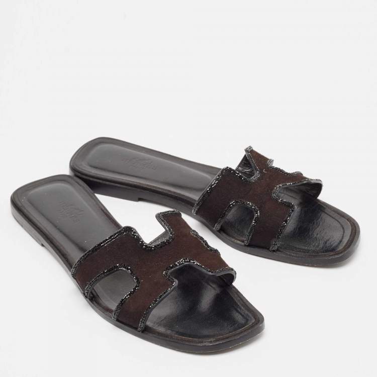 Pre Owned Hermes Black Suede Crystal Embellished Trim Oran Flat Slides Size 38