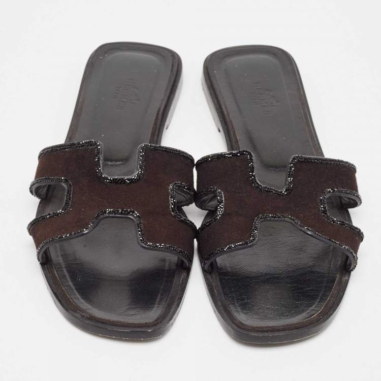 Pre Owned Hermes Black Suede Crystal Embellished Trim Oran Flat Slides Size 38