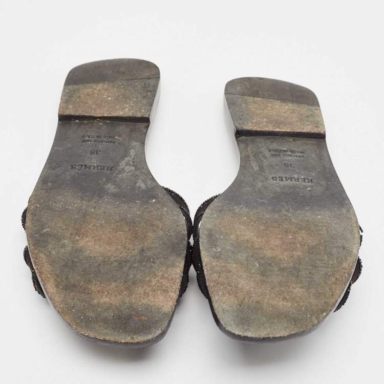 Pre Owned Hermes Black Suede Crystal Embellished Trim Oran Flat Slides Size 38