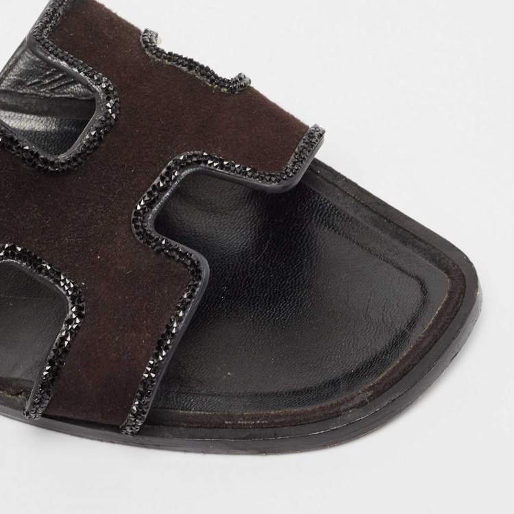 Pre Owned Hermes Black Suede Crystal Embellished Trim Oran Flat Slides Size 38