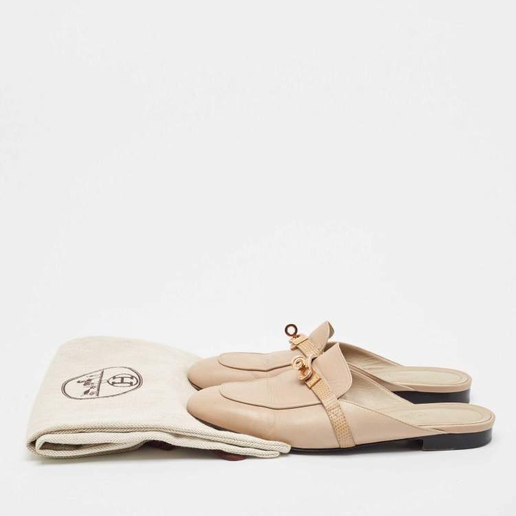 مملوكة مسبقًا Hermes Beige Leather and Lizard Leather Oz Mules Size 37.5
