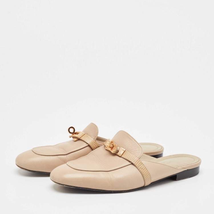 مملوكة مسبقًا Hermes Beige Leather and Lizard Leather Oz Mules Size 37.5
