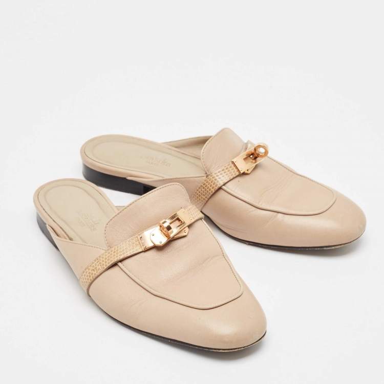 مملوكة مسبقًا Hermes Beige Leather and Lizard Leather Oz Mules Size 37.5