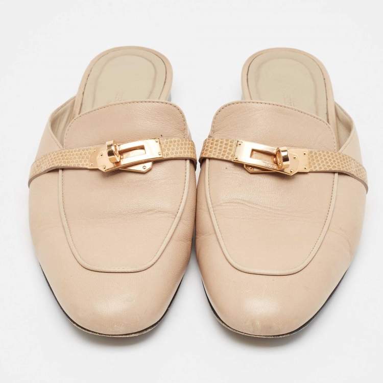 مملوكة مسبقًا Hermes Beige Leather and Lizard Leather Oz Mules Size 37.5