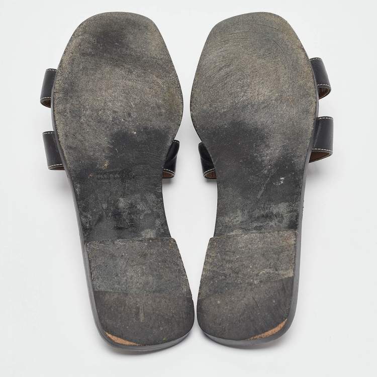 Pre Owned Hermes Black Leather Oran Flat Slides Size 40.5