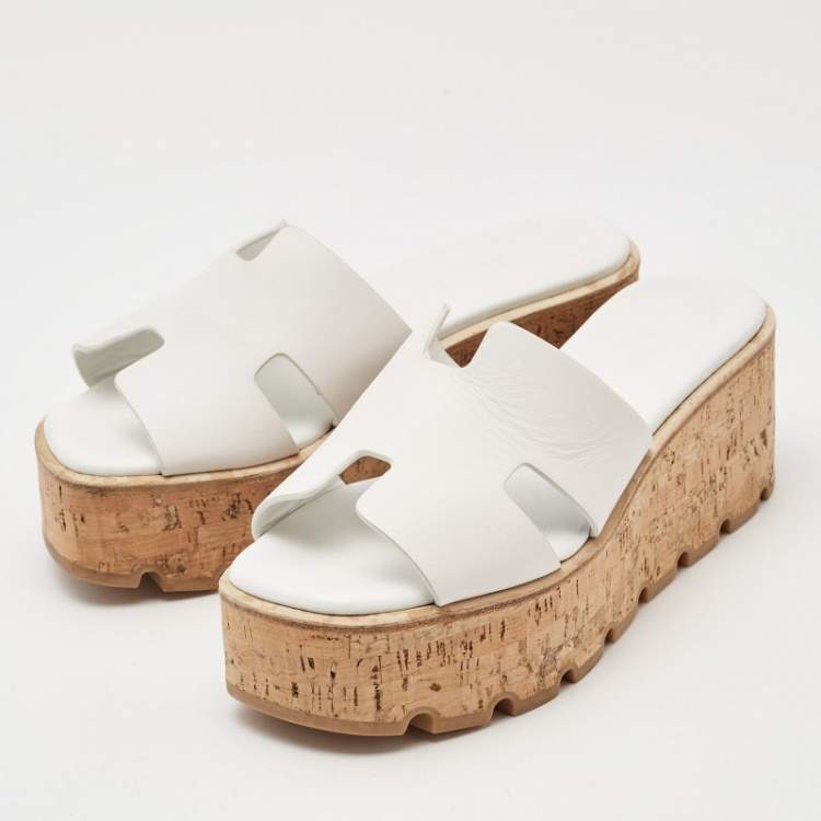 Pre Owned Hermes White Leather Eze Wedge Sandals Size 36