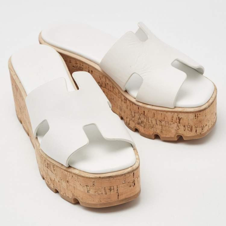 Pre Owned Hermes White Leather Eze Wedge Sandals Size 36