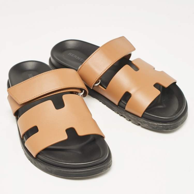 Pre Owned Hermes Tan Leather Chypre Slides Size 39