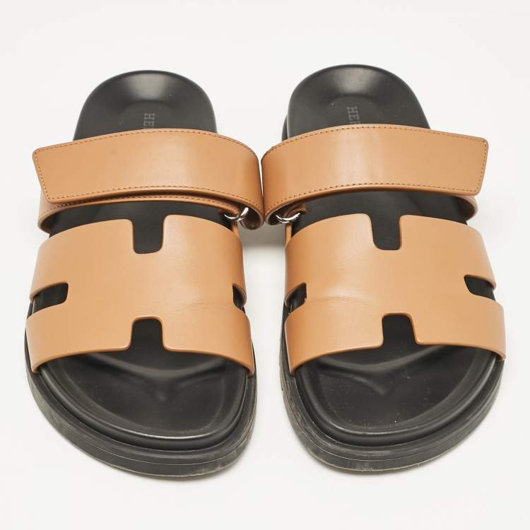 Pre Owned Hermes Tan Leather Chypre Slides Size 39