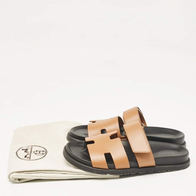 Pre Owned Hermes Tan Leather Chypre Slides Size 39