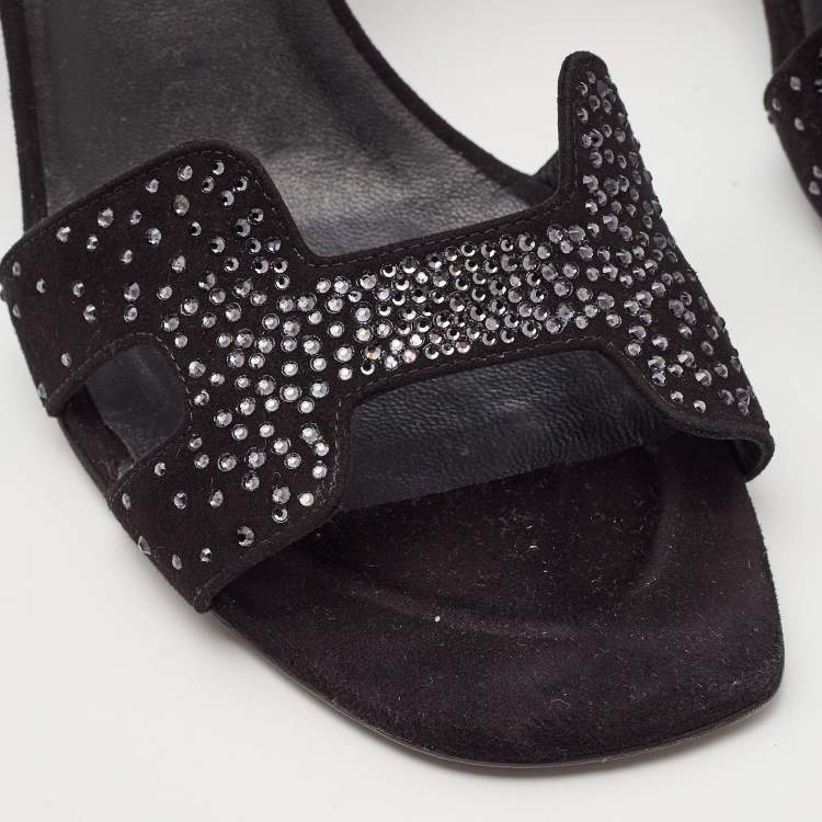 Pre Owned Hermes Black Embellished Suede Ella Sandals Size 38.5