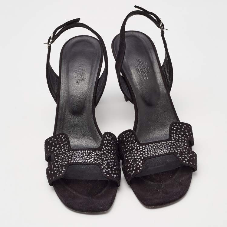 Pre Owned Hermes Black Embellished Suede Ella Sandals Size 38.5