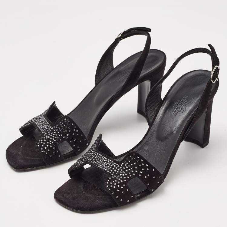 Pre Owned Hermes Black Embellished Suede Ella Sandals Size 38.5
