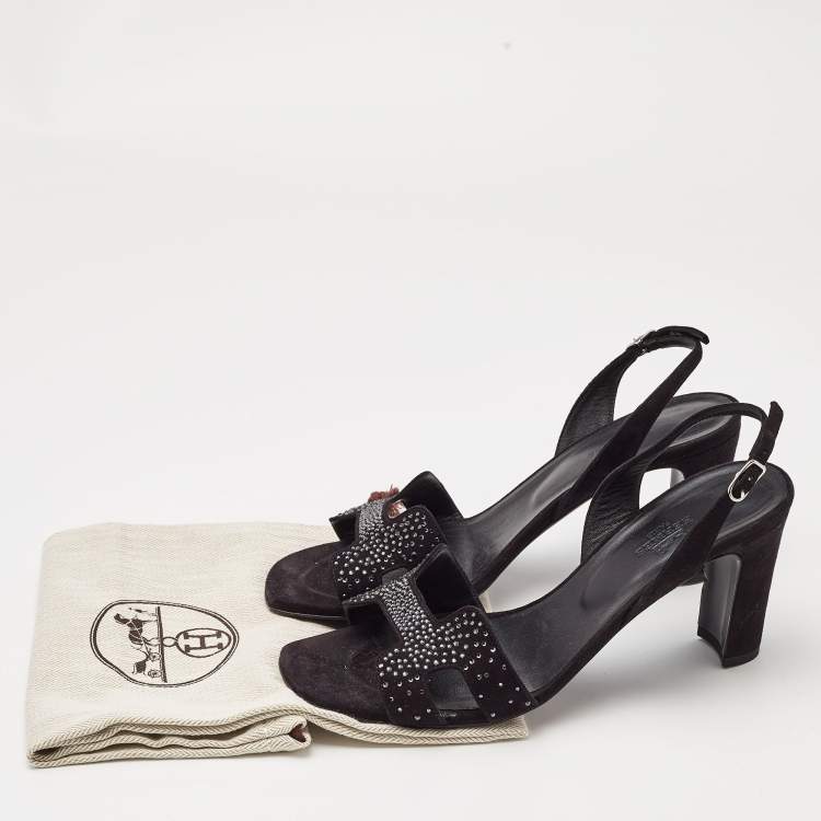 Pre Owned Hermes Black Embellished Suede Ella Sandals Size 38.5