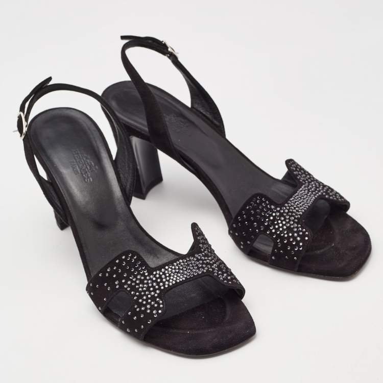 Pre Owned Hermes Black Embellished Suede Ella Sandals Size 38.5