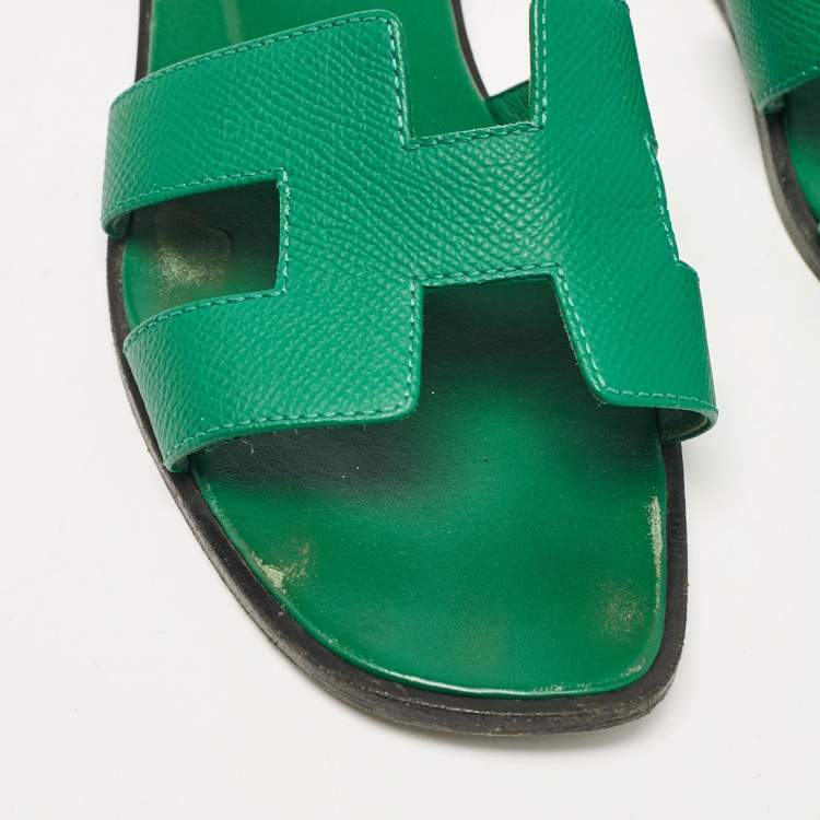 Pre Owned Hermes Green Leather Oran Slide Sandals Size 37