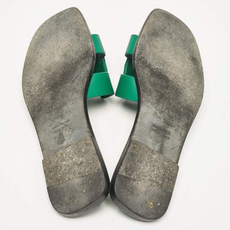 Pre Owned Hermes Green Leather Oran Slide Sandals Size 37
