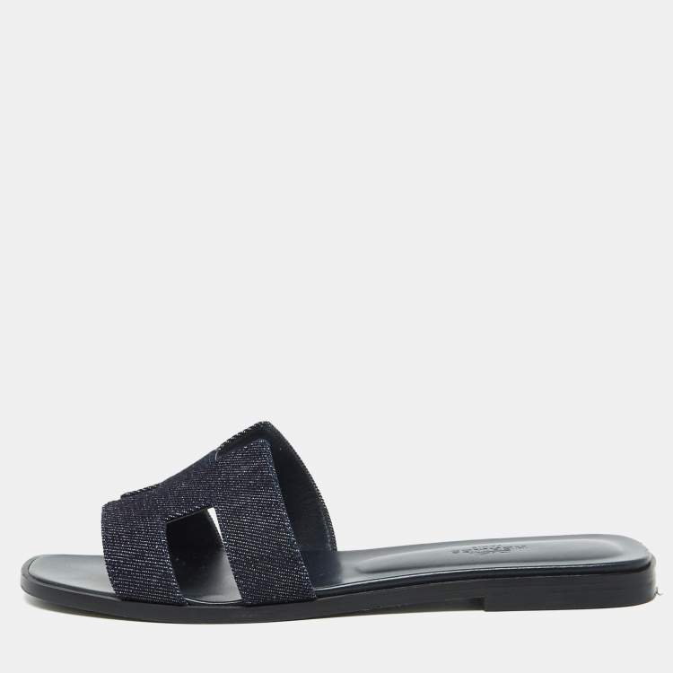 Pre Owned Hermes Navy Blue Denim Oran Flat Sandals Size 39